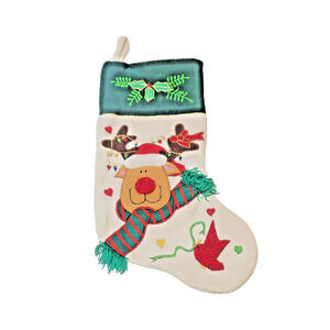 Rudolph Red Nose Reindeer Appliqued Christmas Stocking Xmas Holly White Green